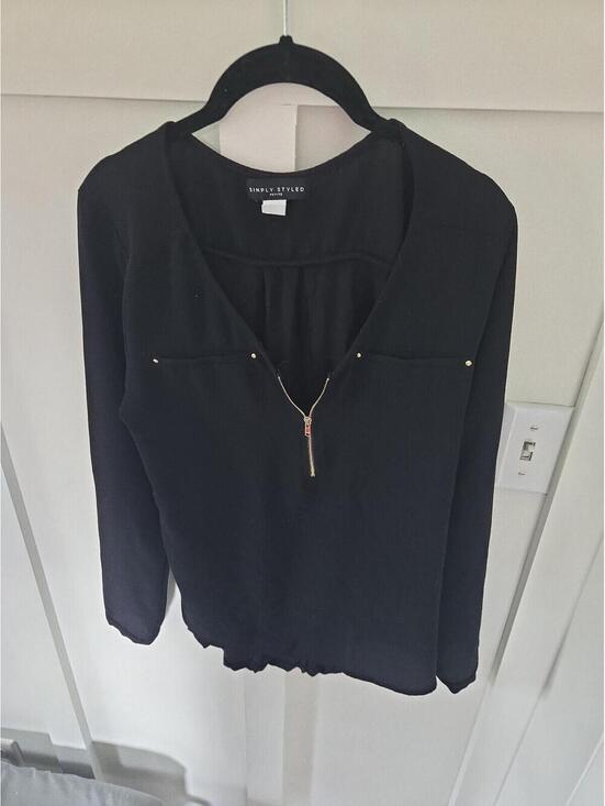 Simply Styled Tops - Simply Styled Petite Black Zip-Neck Blouse with Gold Accents Petite M